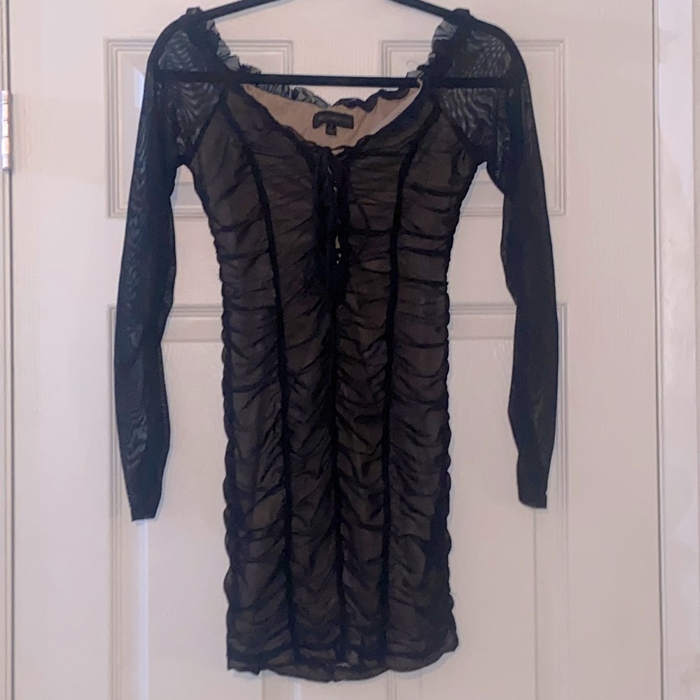 Black Mesh Long Sleeve Ruched Mini Dress